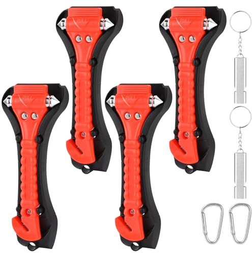 URAQT Marteaux de Secours pour Voiture, 4 Pièces 2 en 1 Brise-Vitre de Voiture,Brise Vitre Coupe Ceinture avec 1 sifflet et 1 Mousqueton,Outils D’Évacuation,Coupe-vitre Auto Essentials Glass Breaker.