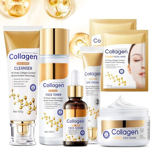 Collagen Skin Care Set, Anti Aging Skincare Set for Wrinkles & Fine Lines, Shrink Pores, Hydrate & Firm Skin, 7 Pcs Skincare Kits for Women with Cleanser, Toner, Serum, Cream, Eye Cream, 2 Pcs Masks.