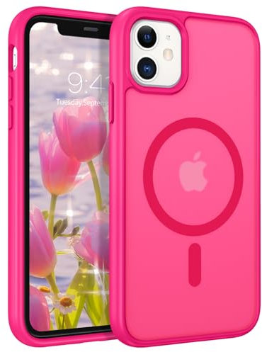 DUEDUE Coque pour iPhone 11/XR, Compatible avec MagSafe Protection pour iPhone 11/XR Matte Fine Rigide Antichoc, Coque de Téléphone pour iPhone 11/XR 6,1 Pouce Aimant Magnétique, Rose Fluo