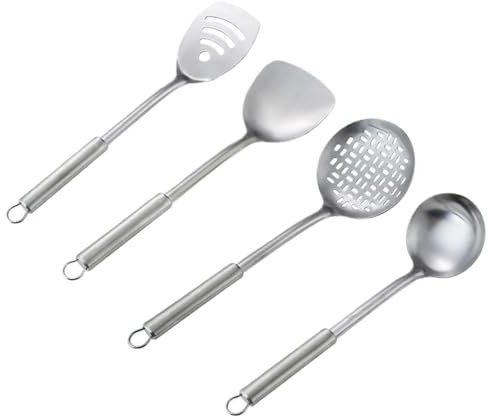 KYEQATY Utensilios de Wok 4pcs/Set Utensilos de cocción de Acero Inoxidable Juego de la Cuchara Wok Lockle Slotted Wok Spatula y espátula ranurada Herramientas de Wok con Mango Largo