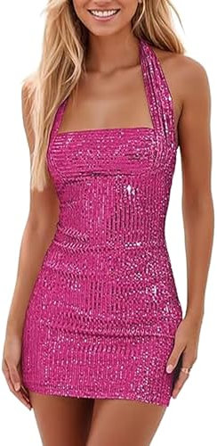 YNIEIAA Robe à paillettes pour femme - Sans manches - Dos nu - Élégante et sexy - Avec paillettes - Dos nu - Mini robe de soirée - Robe d'invité de mariage - Robe de remise de diplôme, Rose, M
