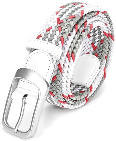 Uoocg Flechtgürtel Elastischer Unisex-Stoffgürtel (3,4 cm) – dehnbarer Polyester-Stretchgürtel geflochten für Damen und Herren | Größe auswählbar‌ | Farbkontrast Weiß/Grau/Rot 100 cm