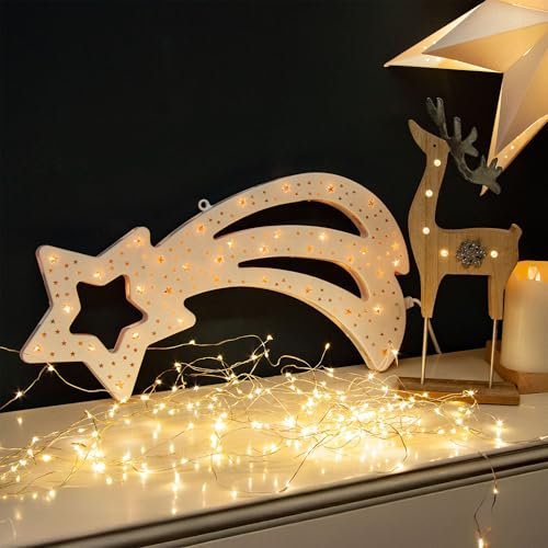 hellum Weihnachtsdeko Fenster Sternschnuppe, Weihnachtsstern beleuchtet warmweiß 35 Lichter, Weihnachtsdeko innen Fenster mit Saughaken zum Aufhängen, strombetrieben Kabel weiß 42x23,5cm <59lm 152470