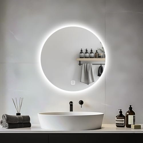JAMUBOCHE Miroir de salle de bain LED pour lavabo de salle de bain rond 50 cm avec lumières rétroéclairées pour le rasage de douche, montage mural sans buée, éclairage 3 couleurs, IP54