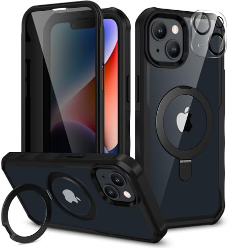 CENHUFO Compatible with iPhone 14/13 Case Built-in Privacy Screen Protector with Magnetic Ring Stand and Camera Lens Protector, Clear Back Cover for iPhone 13/14 Privacy Case -Black