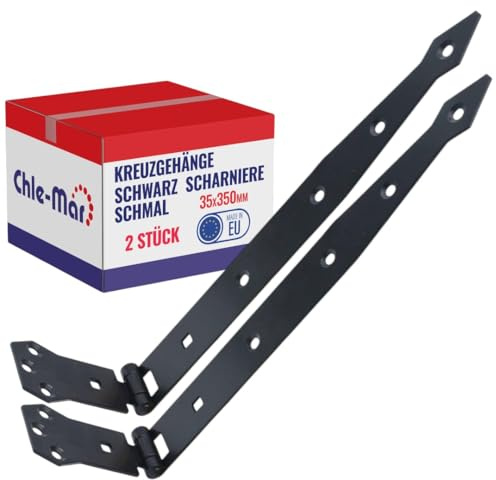 Chle-Mar 2x Schmale Scharniere Schwerlast für Holztüren 35x350mm Wetterfest | Stabiles Gartentor Scharnier, Robustes Ladenband für Türen & Möbel, Schwarzes Tor Scharnier, Kreuzgehänge Langlebig