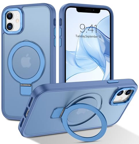 DOMAVER Case for iPhone 12 Mini, Magnetic [Compatible with mag-safe] Stand Holder Shockproof Matte Cover Anti-Yellowing Cover Hard Slim Frosted Matte Phone Cases for iPhone 12 Mini 5.4, Blue