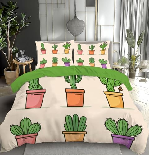 MULERN Cartoon Bedding Set, Cactus Flowerpot Single Duvet Cover with Pillowcase, Microfibre Reversible Quilt Covers, 3 Piece Soft Bed Set, Machine Washable, Zipper Closure, Light beige