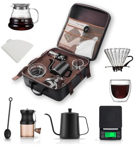 GHIBFBT Hand Brewed Coffee Set for Camping, 8PCS Portable Coffee Grinding Brewing Tool Kit with Storage Bag, Pot, Scale, Multifunctional Camp Cafe Brewing Kit for Gift