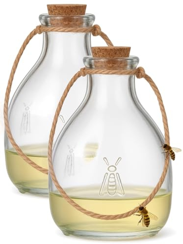 Wespenfalle aus Glas zum Aufhängen und Stellen – Lebendfalle für Wespen und Hornissen mit Seil und Korken – Wespenfänger für draußen – Wespenabwehr für Balkon, Garten und Terrasse (2 Stück)