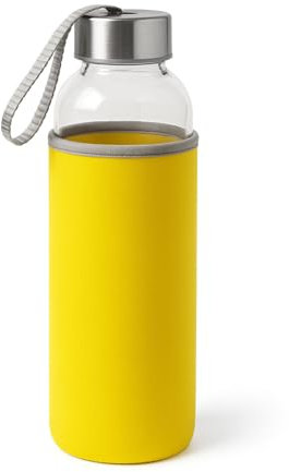 TIENDA EURASIA – Botella Agua | Cristal y Acero Inoxidable | Funda de Neopreno | Capacidad 420 ml | Tapón de Seguridad de Rosca y Cinta de Seguridad | Medidas 6.4 Ø x 19 cm | Libre de BPA (Amarillo)