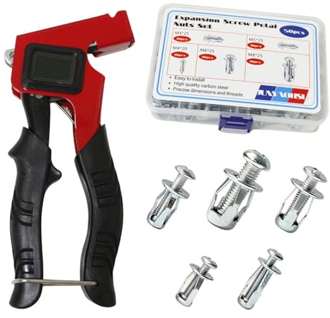 50 Set Jack Nut Kit with Heavy-Duty Rivet Gun | Creates Permanent Threaded Anchors for Hollow Doors, Metal Sheets & Panels | M4 M5 M6 M8 Flange Nuts