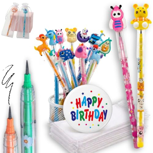 Pack KeKo de 30 Lapices Apilables para Regalos Cumpleaños Niños Colegio | 30 Lapices Apilables, 30 Bolsas de Organza, Chapa Cumpleañera. Detalles Cumpleaños Niños.Regalitos cumpleaños invitados niños
