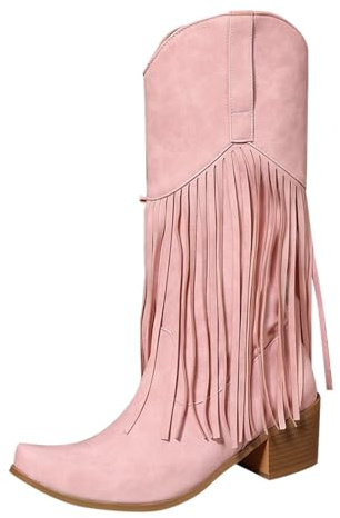 Stivali Alti Donna,Donna Stivali Alti Invernali Senza Tacco Casual Western Scarpe di Media Altezza Cowboy Stivaletto con Plateau Lunghi Texani Stivaletti con Ghetta Risvolto