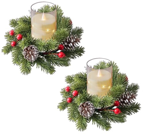 Kerzenkranz Weihnachten 2er Set, Künstlicher Weihnachtskranz Kerzenning, Weihnachtsdeko Adventskranz Kerzenkranz Tischdeko, Weihnachten Tannenkranz Kerzenring für Weihnachtendekoration (B)