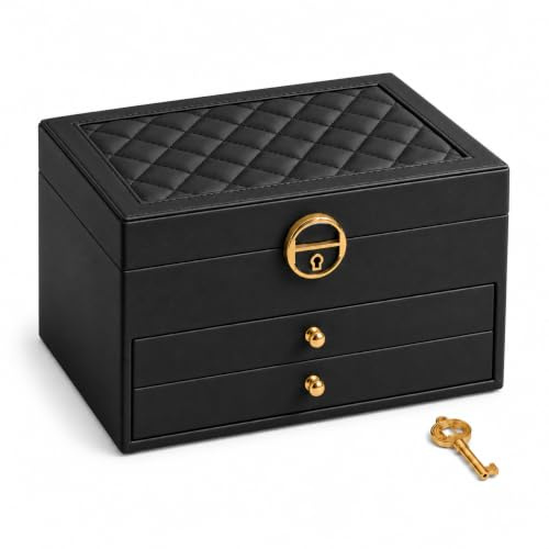 Top Sale Jewellery Box with Lock for Women, 3-Layer Jewellery Organiser with Drawers, Mirror, Ring Rolls and Necklace Hooks, Black Jewellery Storage Box Gift for Her