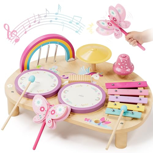 Lehoo Castle Einhorn Schlagzeug & Xylophon Holz Baby Musikinstrumente Tisch | 8 IN 1 Montessori Instrumente mit Xylophon Trommel, Baby Musik Spieltisch, FSC Musik Holzspielzeug, Mädchen Geschenk 1+ Jahre