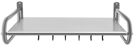 Estantería para microondas, soporte de pared para horno microondas, estante de almacenamiento con 6 ganchos para cocina, acero inoxidable, soporte para microondas, 53 x 38 x 18 cm, máx. 30 kg, para
