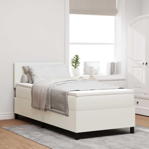 YunCangg Boxspringbett Creme und Weiß 100 x 200 cm Cordstoff mit Kopfteil verstellbar, Holzwerkstoff Rahmen, Matratze mit Taschenfedern, inklusive Topper, modernes Schlafzimmer Zubehör