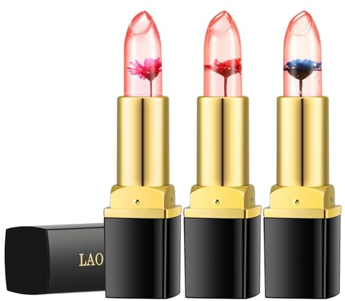 AOOHA Crystal Flower Jelly Lippenstift Set,3 Stück Thermoaktiver Lip Balm,Farbwechselnder Lippenstift für Damen,Feuchtigkeitsspendend Lippenstifte,Aqua Jelly Colour Changing Lipstick