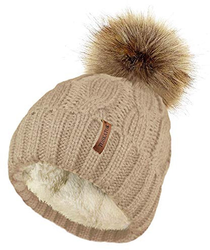 TOSKATOK Damen Chunky weichen Kabel Stricken Hut mit gem�tlichem Fleecefutter und abnehmbarem Kunstpelz Pompom-Camel