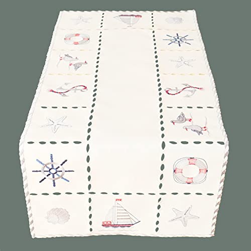 Tischdecke Tischläufer Mitteldecke Maritime Stickerei, wollweiß mit bunter Stickerei 40 x 140 cm/Aufmachung 1 Stück