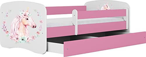 WFL GROUP Rosa Kinderbett Mit Matratze Pink 70x140 80x160 80x180 cm Kinderbett Mit Rausfallschutz, Jugendbett, Schublade Und Lattenrost - Für Jungen und Mädchen - Pferd - Einhorn - 180x80