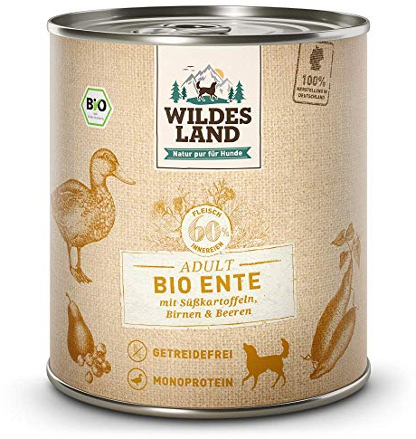 WILDES LAND – Ente | Nassfutter mit extra hohem Fleischanteil und natürlichen Zutaten für ausgewachsene Hunde. Getreidefreies Alleinfutter ohne Zusatzstoffe in der Dose | 12x800g Ente