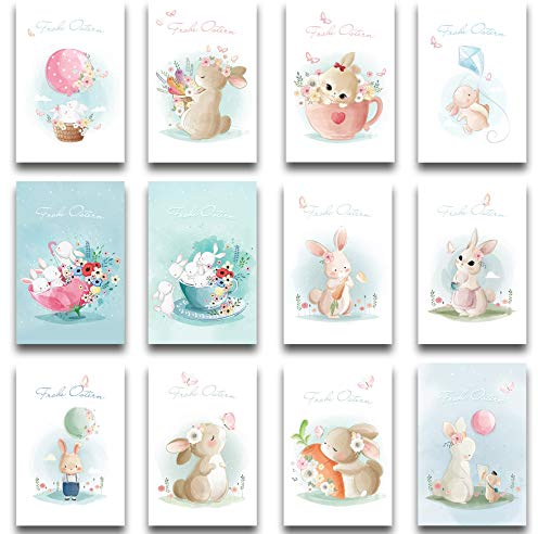 Klasse Osterkarten, 12er-Set, faltbar, mit 12 passenden bedruckten Umschlägen in zarten Pastelltönen mit Hasen und Ostereiern – Frohe Ostern-Grußkarten im A6-Format für Zuhause und Geschäft