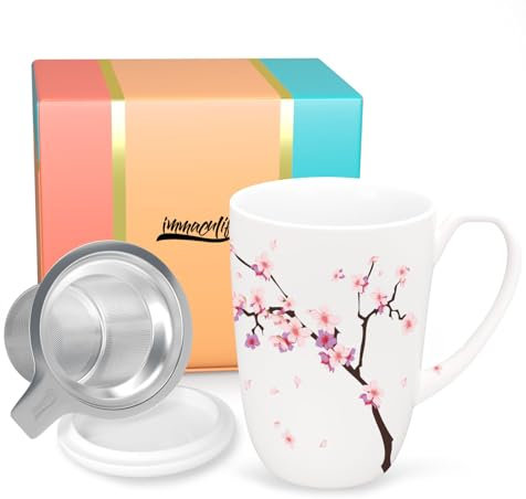 immaculife Tea Infuser Cup Peach Blossoms, Tea Cup with Infuser and Lid for Steeping Loose Leaf Tea 16oz