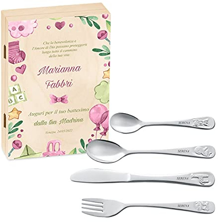 Maverton Set di 4 posate per bambini con incisione + scatola in legno con stampa personalizzata - motivo animali - idea regalo neonata femmina - decorazioni