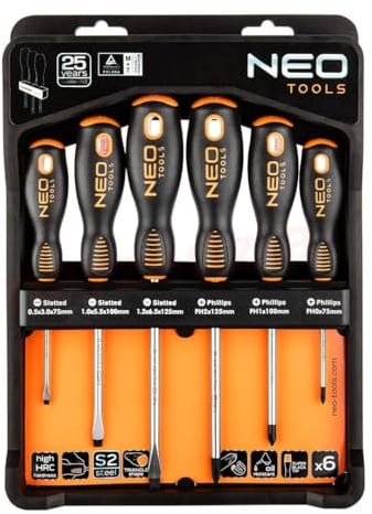 NEO TOOLS Schraubendreher Set 6-tlg., Schlitz & Kreuz, S2 Stahl | Magnetische Spitzen, Ergonomischer 2K-Griff, Inklusive Halter