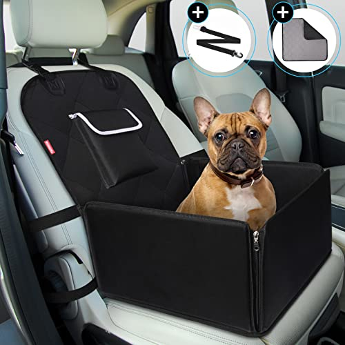 TAMOWA Extra Stabiler Hunde Autositz für Kleine bis Mittlere Hunde, Vordersitz & Rückbank, Mit Sicherheitsgurt, Wasserdichter Hundesitz für Autoschutz, Schwarz