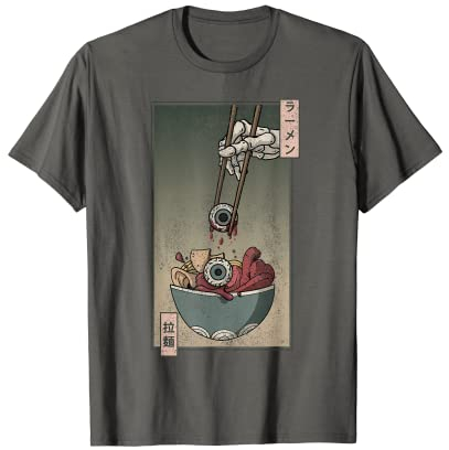 Weirdcore Aesthetic Japanische Ramen-Nudeln Augapfel Anime T-Shirt Grau S