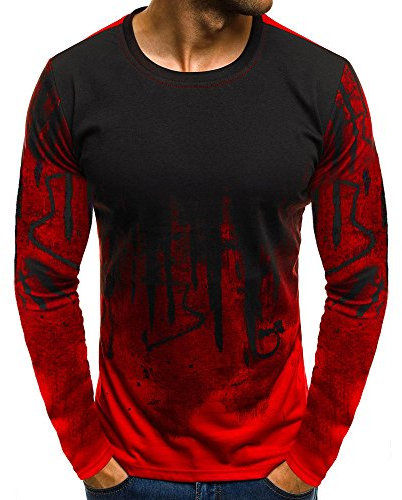 Long Sleeve Tee Shirts for Men, Mens Crew Neck T-Shirt Hip Hop Graphic Printing Slim-Fit Casual Tops Pullover Blouse Red