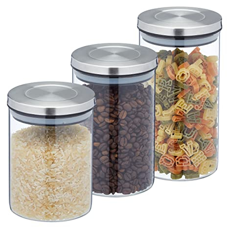Relaxdays Lot de 3 bocaux en Verre, Couvercle INOX, Bocal Conservation, Trois Tailles, hermétique, Transparent/argenté