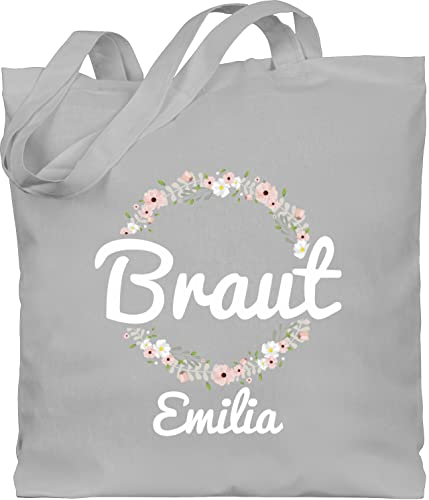 Baumwolltasche personalisiert Namen - JGA Junggesellenabschied - Braut mit Blumenkranz weiss - Unisize - Hellgrau - personalisierte tasche junggesellinnenabschied jungesellenabschied bride beutel