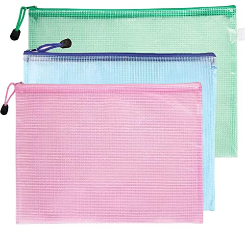 MACHSWON Lot de 3 pochettes en plastique avec fermeture éclair A3 Multicolore (rose, bleu, vert)