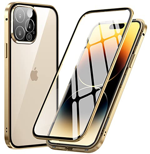 MIMGOAL Hülle für iPhone 14 Pro 360 Grad Magnetisch Transparent Gold | Gehärtetes Glas vorne und hinten, Magnetischer Edelstahlrahmen, Integrierter Kameraschutz, Präzise Ausschnitte