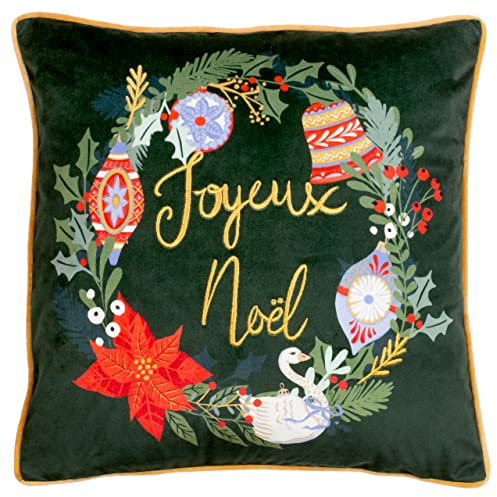 furn. Deck The Halls Joyeux Noel Polyester Filled Cushion, Pine Green, Square | Festive Christmas Noel Floral Embroidered Velvet Piped Pillow