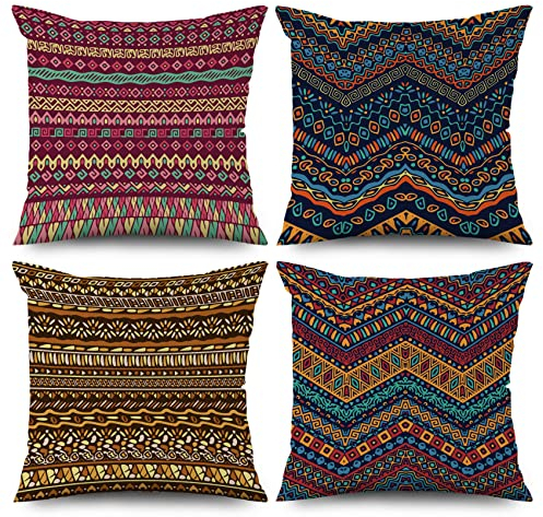 ASDCXZ Boho Kissenbezug 40x40 cm 4er Set, Retro Boho Geometrisch Streifen Bunt Sofa Kissen Bezug Dekokissen Kissenbezüge Kissenhülle Waschbar Polyester Flachs Textil Outdoor Polster Kopfkissenbezug