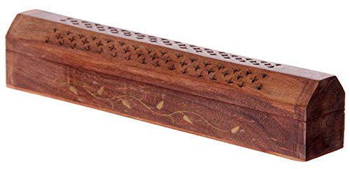 GIFT BRIT Räucherstäbchenhalter aus Sheesham-Holz mit Messingeinlage, Ranken-Design