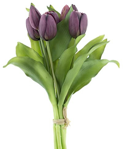 mucplants künstliche Tulpen Tulpenbündel mit 4 Tulpen und 3 Tulpenknospen real Touch (Aubergine)