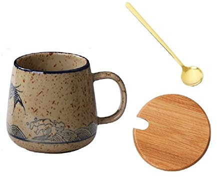 MAGICVOGEL Tasse à café en céramique 350 ml avec couvercle et cuillère Tasse à expresso Cadeau pour anniversaire, Noël, fête des mères, fête des pères (poisson)
