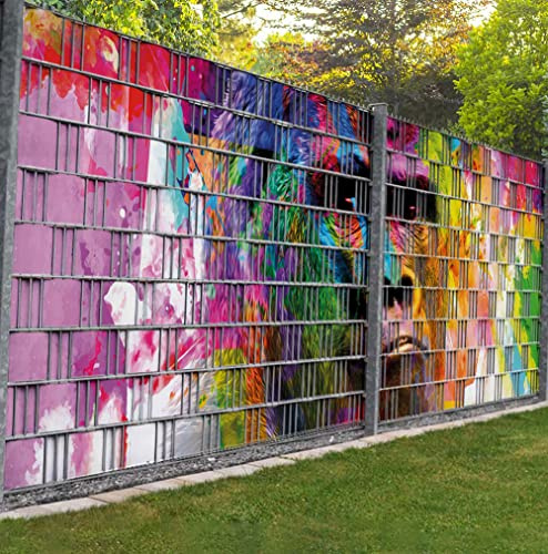 MyMaxxi Zaunsichtschutz - Bunter Gorilla - Sichtschutzstreifen für Doppelstabmattenzaun - Windschutz Sonnenschutz Blickdicht - Sichtschutz Garten Teil1 + Teil2 - 9 Streifen - 500x180cm