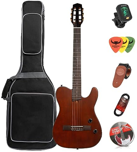 Acoustic Guitar Silent 6 String Travel Electronic Classical and Folk Guitar with Case Bag, Strap, Strings, Cable and Picks (Wood)