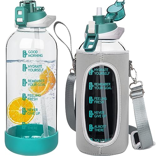 Seekua 2 litros grande Botella Agua Cristal 2l Botella Gimnasio Vidrio Deportiva con Pajita y Marca de Tiempo sin bpa