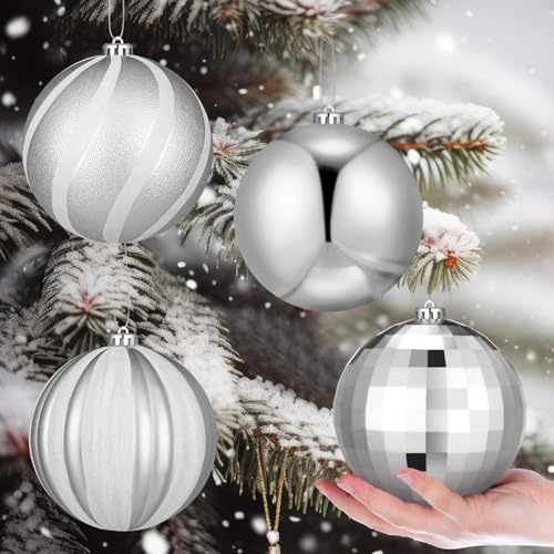 Tigeen 4 Stück 15,2 cm große silberne Weihnachtskugel-Ornamente, extra groß, Weihnachts-Hängeornamente, 150 mm, Glitzer, Winter, Vintage, Quecksilberkugeln für Weihnachtsbaum, Party-Dekoration