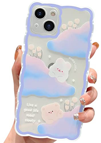HZLFCZL Compatible iPhone 15 Case - Cute Clear Cartoon Cloud Bear Rabbit Pattern Design Women Girls Aesthetic Kawaii Slim Soft TPU Transparent Phone Case - Blue