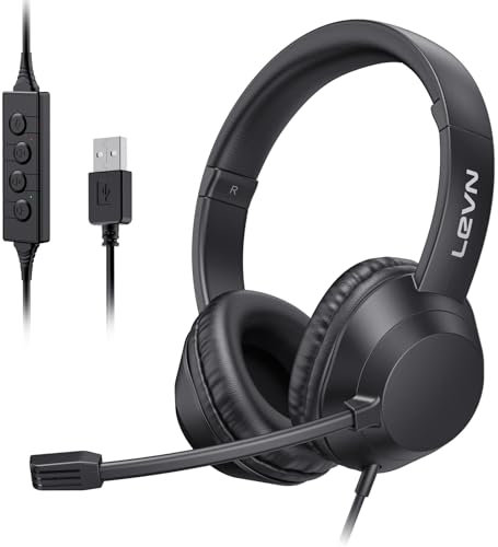 LEVN Cuffie con microfono, cuffie USB con microfono per PC, cuffie con microfono per PC con cancellazione del rumore per laptop, cuffie USB per lavoro da casa/call center/ufficio aperto, nero